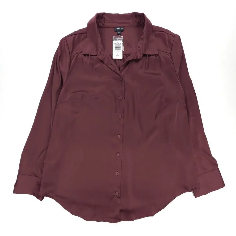 NWT Torrid Madison Satin Button-Up Long Sleeve Shirt Wide Leg Pant Set Burgundy